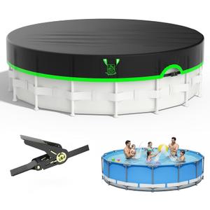 24ft Round Pool Cover, 420D Heavy Duty Above Ground Pool Cover with Sturdy Strap Ratchet Tensioner & Reflective Handles, Enhance Windproof, Side Seamless Tear Resistant, Weather Protection