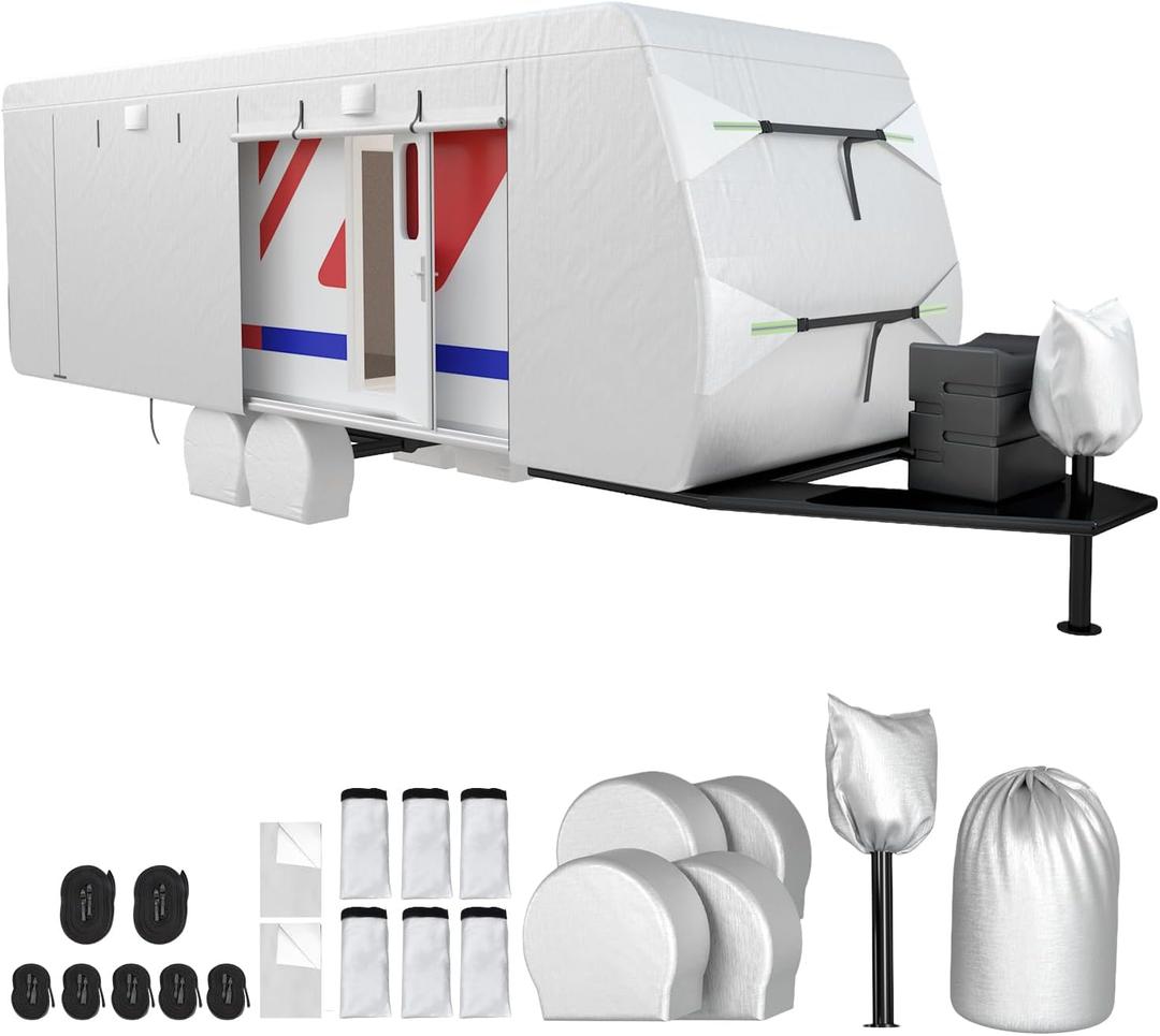 24-27 FT RV Trailer Cover 300D Oxford Trailer Cover, Tire Cover, Jack Cover & Straps, Waterproof Windproof 24-27ft RV Trailer Camper Motorhome Cover, Anti-UV Snowproof with Zipper Door