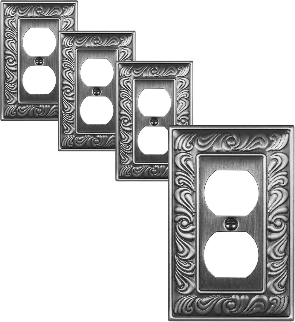 4-Pack Duplex Outlet Cover Plate, Paisley Pattern Antique Silver Metal Wall Plates for Electrical Outlets, 1 Gang Receptacle Cover, Pearls Decorative Switch Plates and Outlet Covers