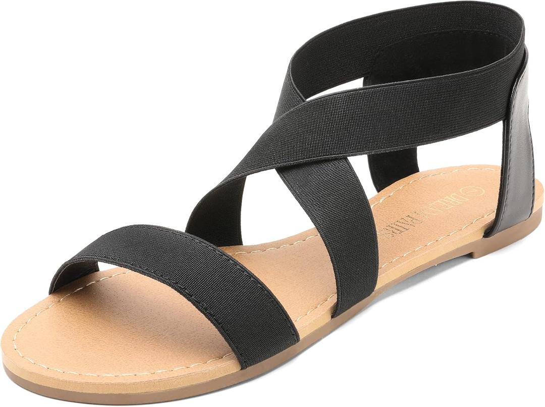 DREAM PAIRS Women's Elastic Ankle Strap Flat Sandals Summer Dressy Shoes Cute Strappy Gladiator Sandals UK8, Black