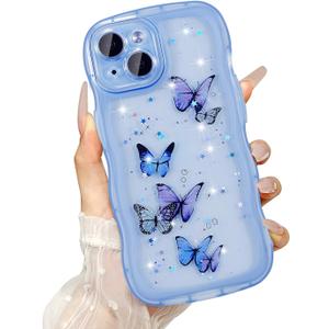 UEEBAI Wave Butterfly Case for iPhone 15 Case, Pretty Bling Star Butterfly for Women Cute Shiny Glitter Phone Cover for Girls Bling Clear Cover Curly Shockproof Girly Shell - Blue
