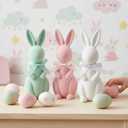 3 PCS Flocked Bunny Figurines, 5.5in Easter Bunny Decor with Ribbon Bow, Colorful Resin Rabbit Decor for Home, Spring Table Centerpieces, Easter Table Decor(Flocked 3pcs)