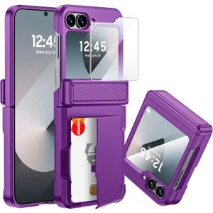 CENMASO for Samsung Galaxy Z Flip 6 Case/Z Flip 7 FE Case with Card Holder [RFID Blocking] & Hinge Protection & Screen Protector, Full-Body Shockproof Phone Case for Z Flip 6/Z Flip 7 FE-Purple