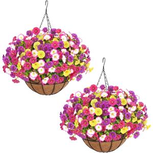 Elyum 2 Pack Artificial Hanging Flowers for Outdoors, Fake Flowers Artificial Petunias Hanging Baskets for Outdoors, UV Resistant Fake Hanging Plants Flowers for Outside Garden Patio Porch Decor
