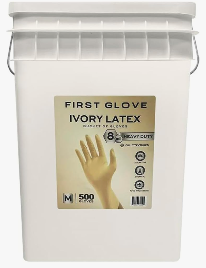 First Glove LATEX 8 Mil Bucket Fully Textured Ivory Gloves - Heavy Duty Gloves for Industrial & Automotive Work 500ct