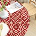 Christmas Round Fitted Tablecloth with Elastic for 40-44 Inch Tables Red Gold Snowflake Block Print Winter Fitted Table Cover Waterproof Holiday Theme Farmhouse Indoor Outdoor Patio Picnic Party