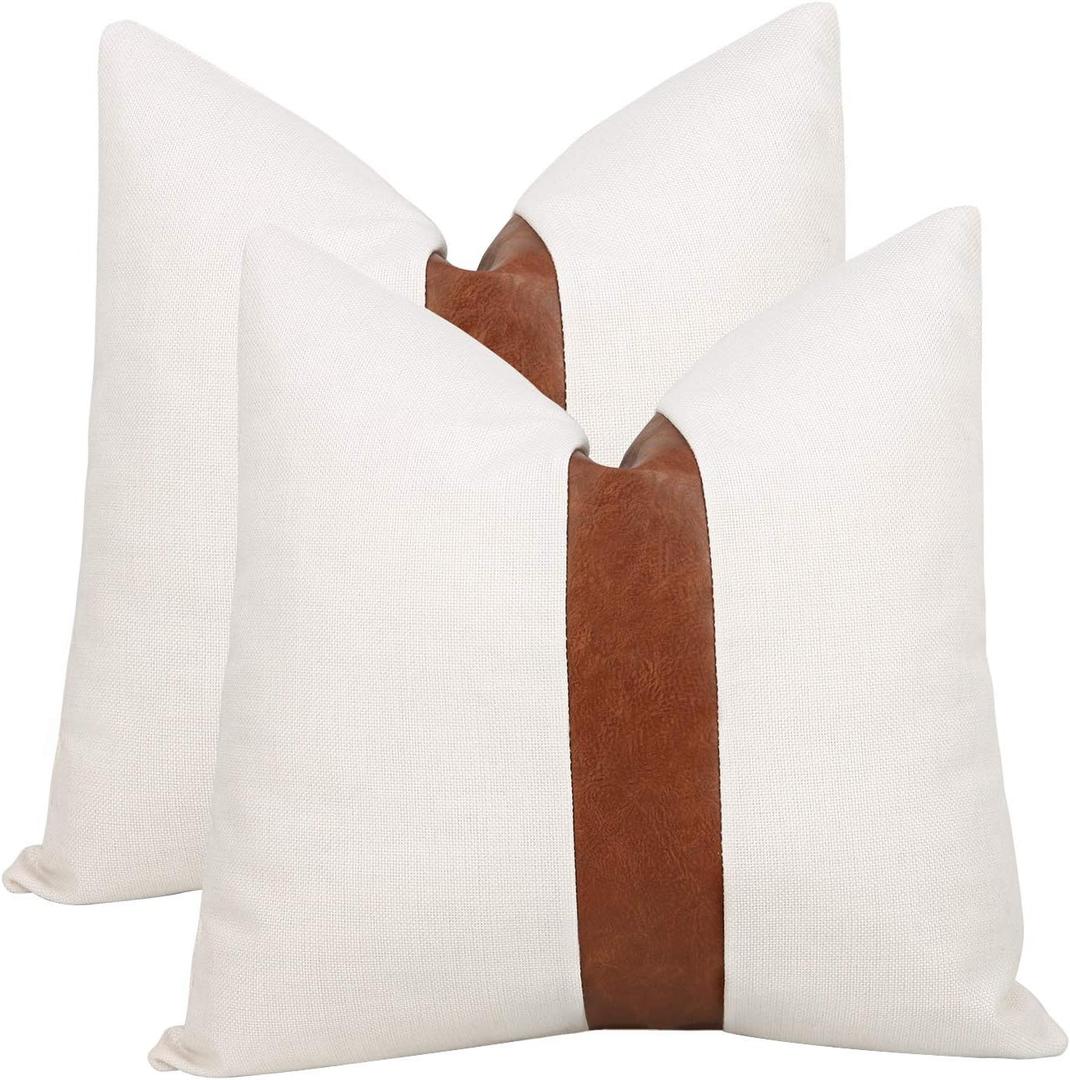 Cygnus Set of 2 White Linen Patchwork Faux Leather Throw Pillow Covers for Couch Living Room Bedroom, Modern Accent Decorative Square Cushion Covers 20x20 inch (White, 20x20 inch)