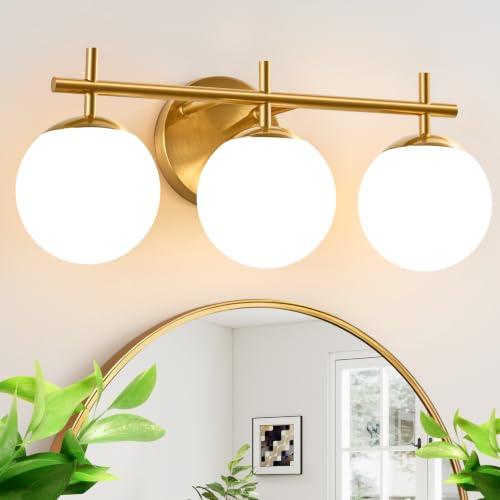 3-Light Bathroom Light Fixtures, Brushed Gold Vanity Lights for Bathroom with Milky White Glass Ball Shade, 19.3 inch Bathroom Lighting Fixtures Over Mirror, Wall Sconce for Bedroom(Bulb Not Included)