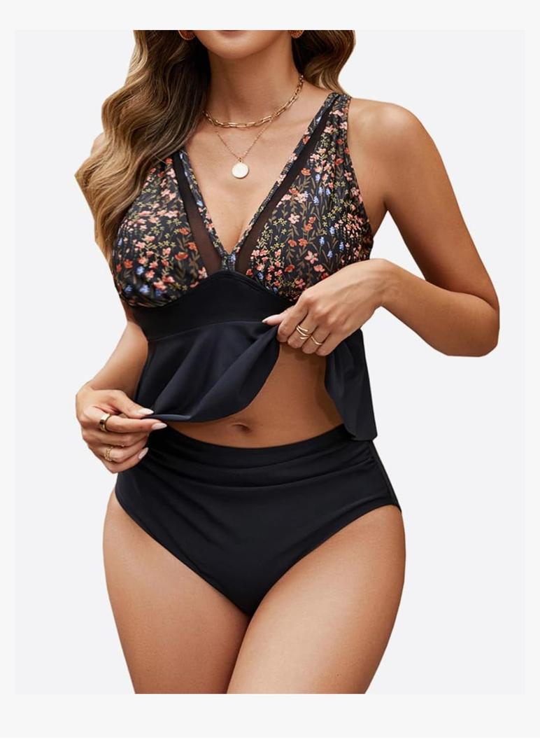 Edelqual Womens Swimsuits Tankini Two Piece Bathing Suits Tummy Control High Waisted Bikini Set 2025 Ruffled Swimwear, Black Floral, L