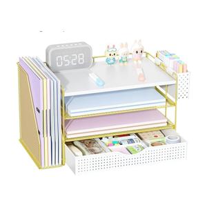 Wood Desk Organizers and Accessories with File Holder, 4-Tier Desk Accessories & Workspace Organizers with Drawer and Pen Holder, Desk Reference Organizer, Gold, 4T with Drawer