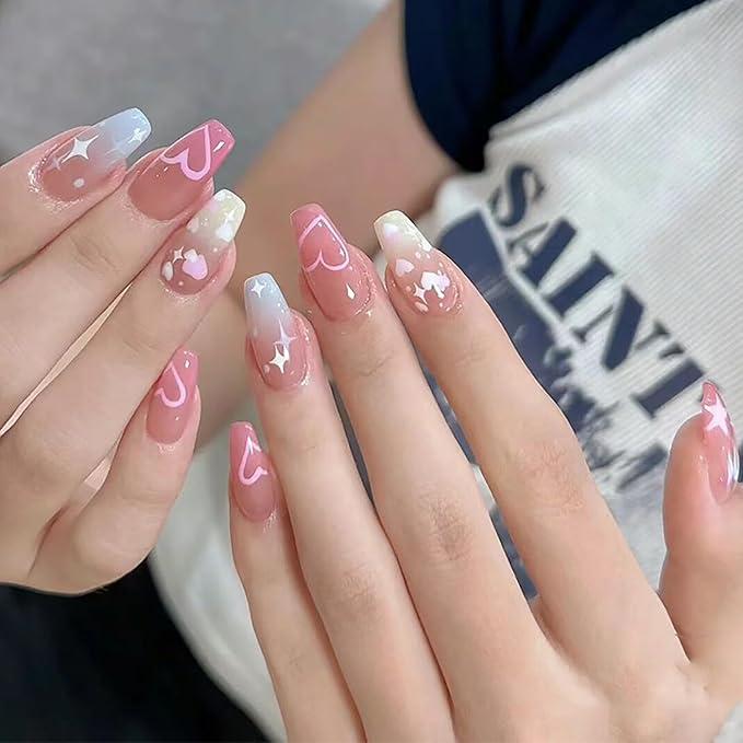 Valentines Day Medium Square Press on Nails Heart Patterns Accents Black Border Glossy Surface Romantic Style uñas postizas Manicure Pink Nude Black Party Date Wedding Artificial Nails 24 Pcs Pack Of 2