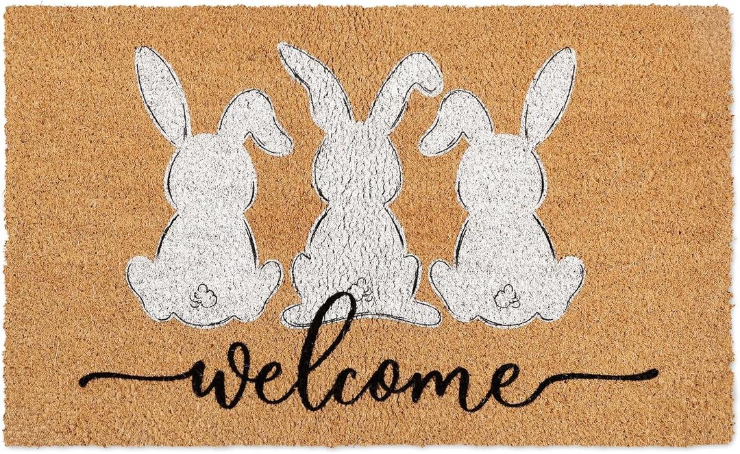 Whaline Easter Doormat Natural Coir Welcome Floor Mat White Bunny Rabbit Rectangle Entrance Door Rug for Indoor Outdoor Home Bathroom Decor, 16.5 x 29 Inch