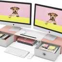 WESTREE Dual Monitor Stand Riser with Two Drawers, Extra Large Storage Monitor Stand for 2 Monitors, Desktop Oraganizer Stand for Computer,Laptop,Screen,Printer,TV (Pink)