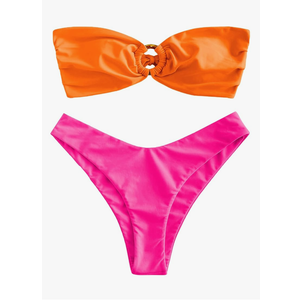 ZAFUL Women's Bandeau Bikini O Ring Strapless Tie Back High Cut Two Piece Swimsuit Bathing Suits, Size:M