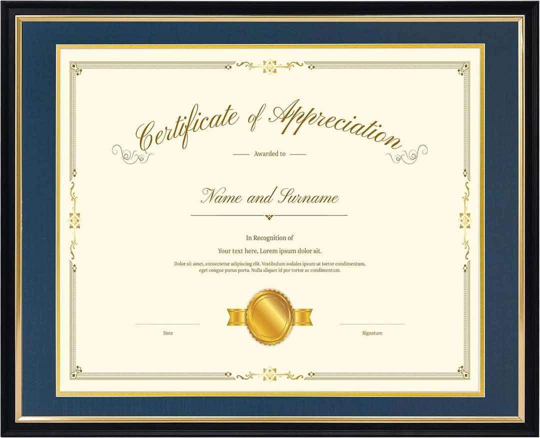 16x20 Diploma Frame for 14x17 Certificate/Document/Picture with Double Mat(Black and Navy),Wood Degree Frame, Black with Gold Side,UV Protection Acrylic,Wall hanging