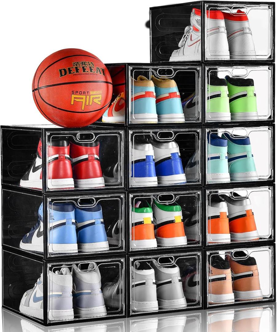 12 Pack Large Shoe Storage Box, Clear Shoe Storage Organizer with Magnetic Door, Stackable, Shoe Containers For Display Sneakers, Easy Assembly, Fits up to US Size 12, Transparent