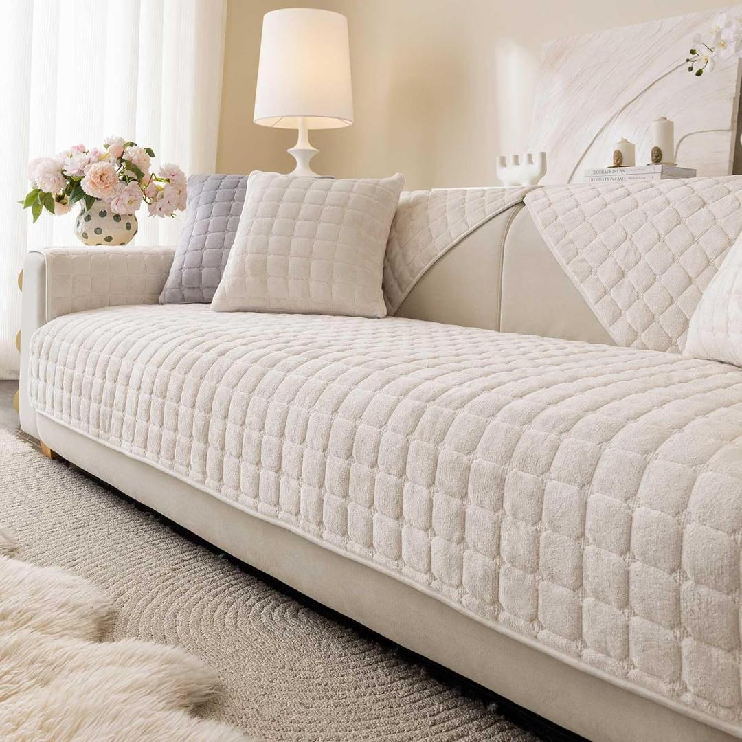 Velvet Washable Couch Cover for Pets Dogs, Non Slip Sectional Sofa Covers for 3 Cushion Couch Sofa L Sharped Sofa Arm Slipcover, Furniture Protector Covers(1 PCS 36"x36" White)