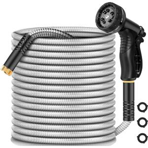 Garden Hose 100 ft, Heavy Duty Stainless Steel Metal Water Hose with 8 Function Nozzle, No Kink, Leak-proof and Lightweight, Easy to Use and Sturdy, Puncture-Proof Outdoor Yard Hose