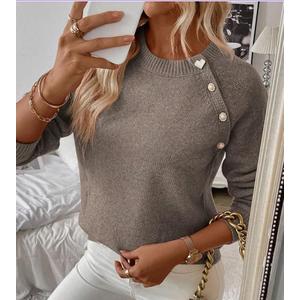 Autumn Winter Women's Sweater Round Neck Button Long Sleeve Knitted Casual Pullover Tops, M
