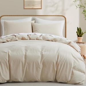 LOVQUE Bedding Duvet Cover Full Size, 100% Washed Cotton Linen Like Bedding Set with Zipper Closure (No Comforter), 80x90 Inches, Cream White