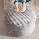 Round Stuffed Pouf Ottoman, Corduroy Poufs with Foam Chunk Filling, Furry and Fluffy Pouf Foot Stool Storage Ottomann Floor Poufs Foot Rest for Living Room, Grey, 24 x 17 in
