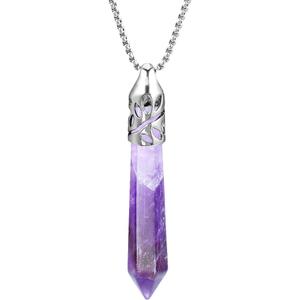 BEADNOVA Healing Crystal Necklace for Women Men Natural Amethyst Quartz Crystal Pendant Energy Healing Gemstones Jewelry Pendulum Crystal Divination (Hexagonal,18 Inches Stainless Steel Chain)