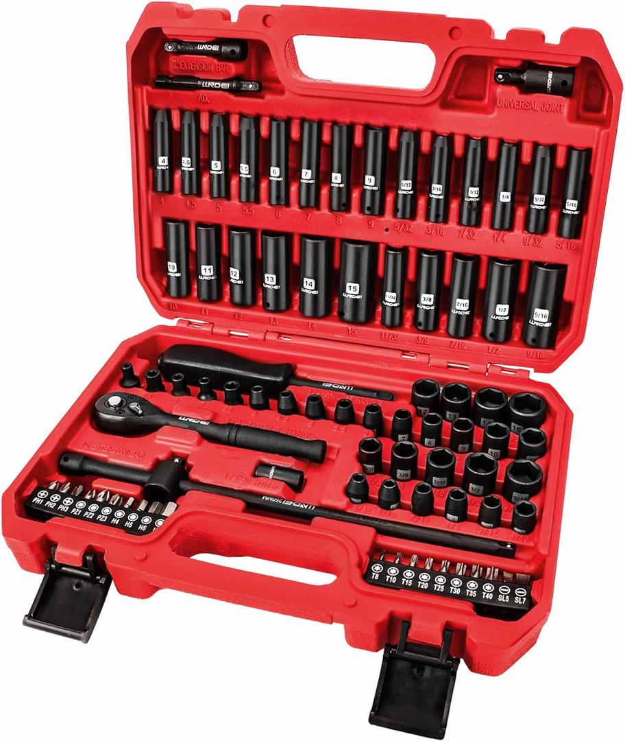 LLNDEI 1/4 inch Drive Impact Socket Set 83 Piece,Standard SAE(5/32-9/16 inch) Metric Size(4-15mm),72T Ratchet Wrench Handle,CR-V Mechanics Tool Set with Adapter,Screwdriver Bits for Automotive Repair (83-Piece 1/4Drive Impact Socket Set)