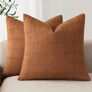 Foindtower Set of 2 Decorative Linen Check Throw Pillow Covers Neutral Farmhouse Vintage Cushion Covers Modern Boho Home Decor for Sofa Chair Couch Bedroom Living Room,1818 Inch,Orange (Autumnal)