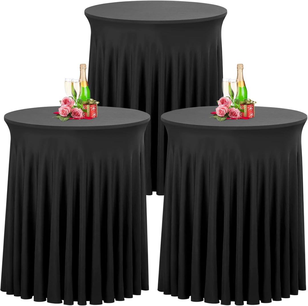 Babenest 32"x 43" Round Cocktail Table Skirt, 3 Pack Spandex Stretch Round Tablecloths with Natural Wavy Drapes, Fitted High Top Bar Cocktail Table Covers for Wedding Party Birthday Banquet (Black)
