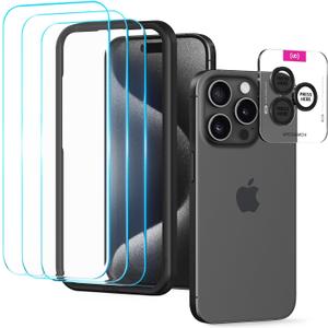 2 x UARMOR Glass 3 Pack Clear Screen Protector & 1 Pack Camera Lens Protector for [ iPhone 15 Pro Max ] 9H Tempered Glass with Easy Installation Kits (3+1 Pack)