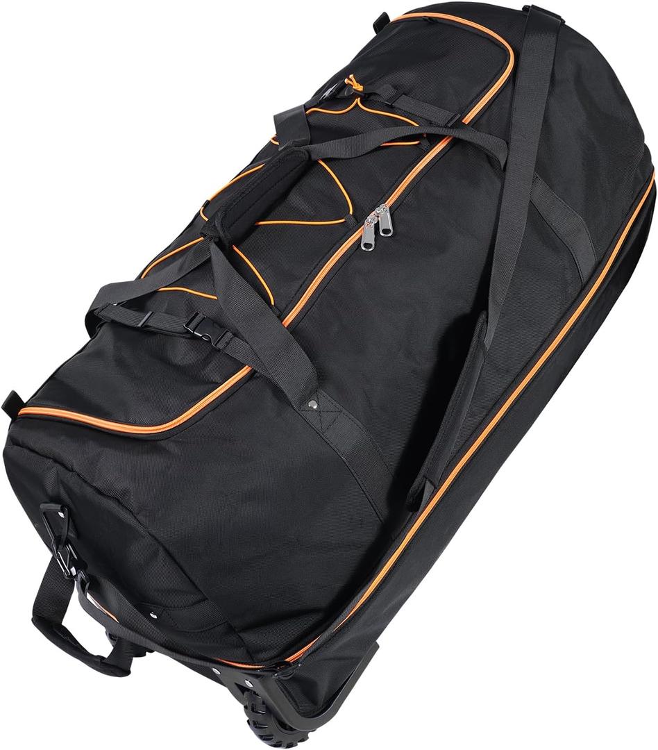 110L Expandable to 140L 32 Foldable Oxford Soft-Sided Rolling Duffle Bag with 2 Heavy-Duty Wheels,3 Large Compartments,Adjustable Shoulder Strap and Attached Organizer Pouch,Black Orange
