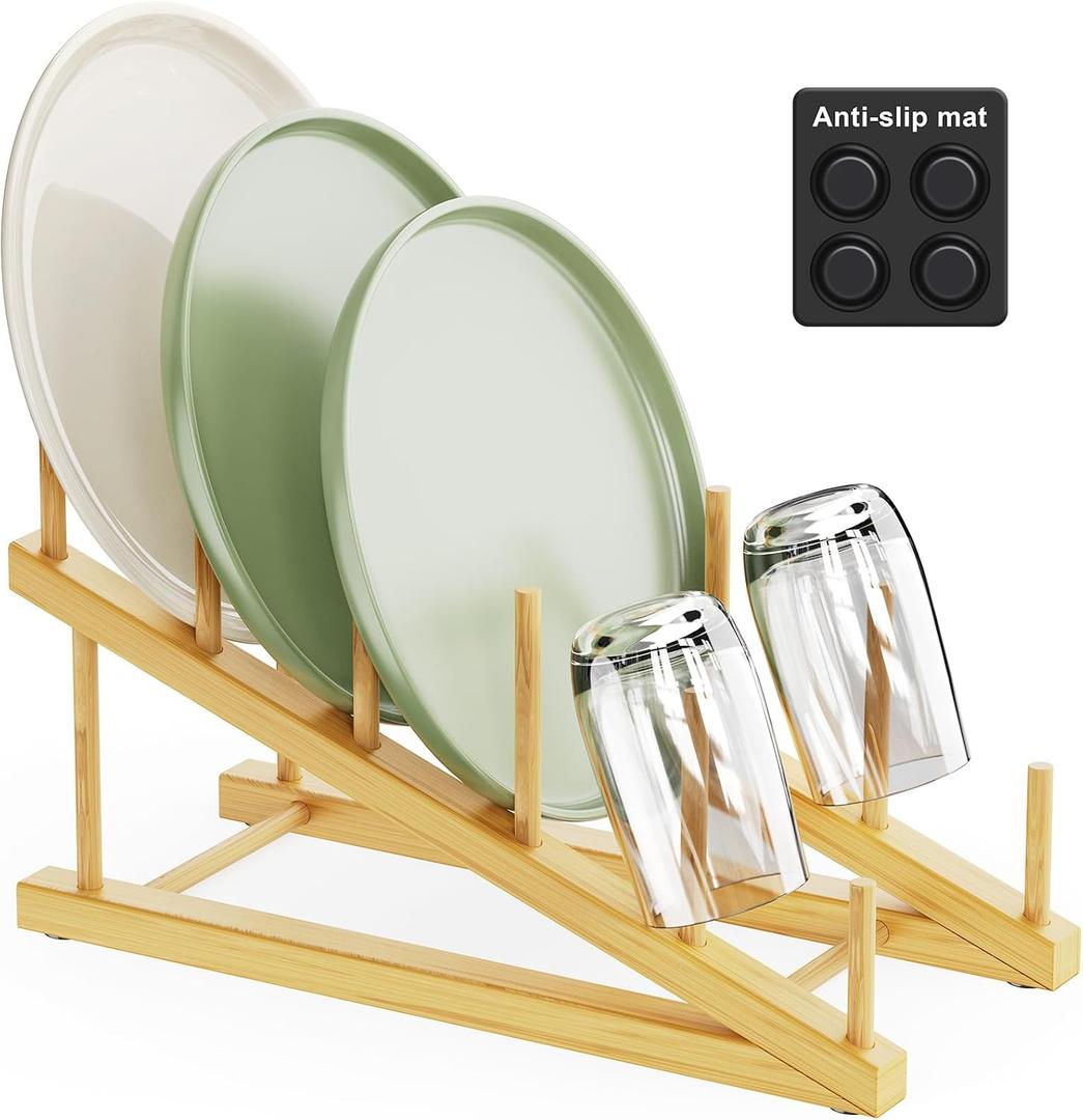 Bamboo Dish Drying Rack,Plate Holders for Displaying,Kitchen Organizer,Plate Rack Organizer with Natural Bamboo,Holds Plates, Bowls, Cups & Cutting,Boards-Dish Rack for Countertop & Cabinets