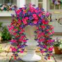 Artificial Hanging Flowers for Outdoors Spring Summer Decor, 4 Bundles UV Resistant Colorful Silk Faux Morning Glory for Outdoor Planters, Garden, Front Porch, Patio, Yard Decor(Yellow Blue Green)