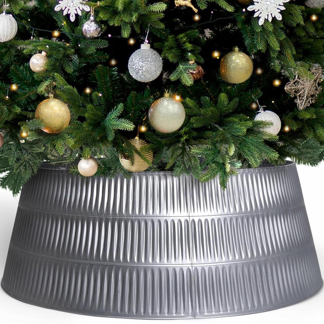 Christmas Tree Collar - Rome Design Skirt, Lightweight, Sustainable - 9 Panels, Easy Setup & Storage - Protects Tree from Pets - Fits Trees Up to 8 Feet Tall (Silver, 9 Panels)