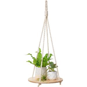 Dahey Hanging Plant Shelf Round Wood Rope Hanging Floating Shelf Boho Home Decor Display Planter Rack for Living Room Bedroom Kitchen Room,Nature