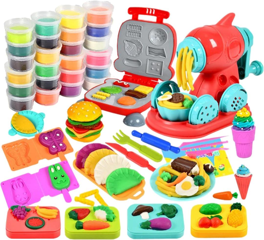 2 in 1 Play Color Dough 51pcs Kitchen Creation with 24pcs of Color Dough, Noodle Hamburger Making Machine Modelling Clay Tools and Cutters Playset Play Food Toys for Kids