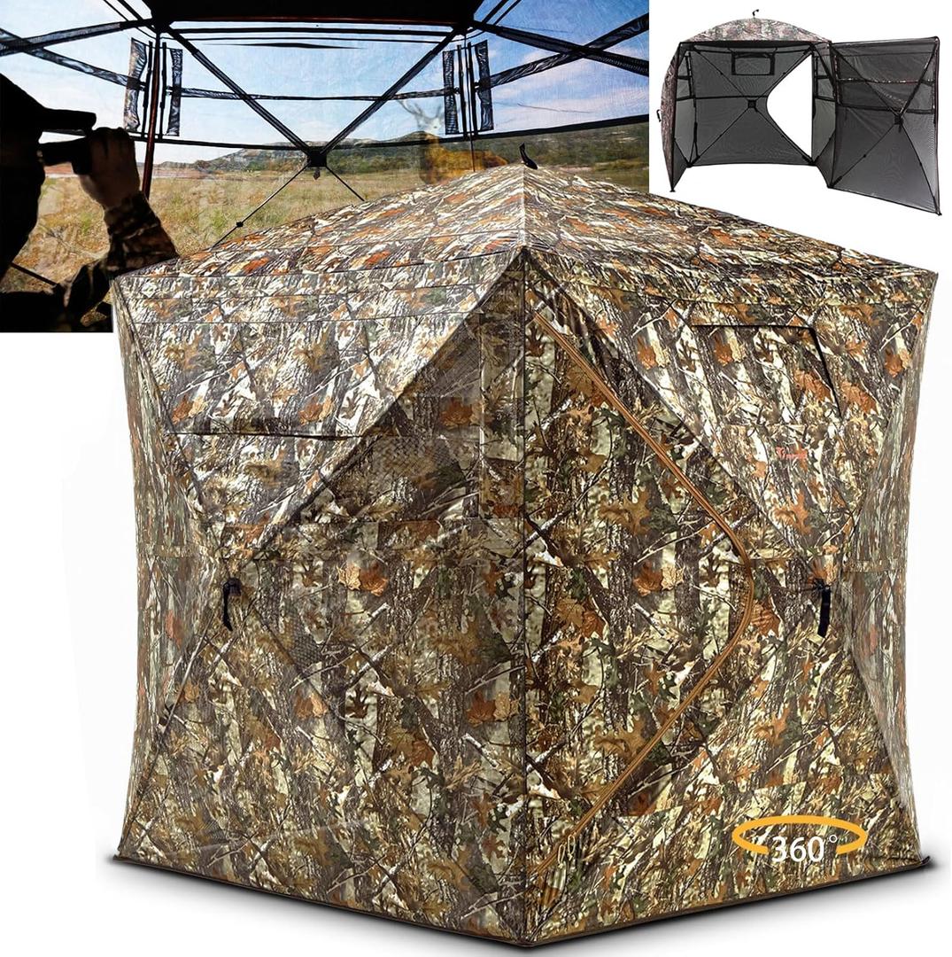 Hunting Blind 360/270 Degree See Through Ground Blind with Double Doors, Portable 2-3 Person, Pop-up Hunting Blind, Camouflage Hunting Blind