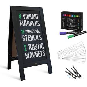 A Frame Chalkboard with Chalk Markers by HBCY Creations: 40x20 Solid Wood A-Frame Sign Gray Double-Sided Magentic Menu Board, Deluxe Set Includes 8 Chalk Markers, 10 Stencils, 2 Magnets