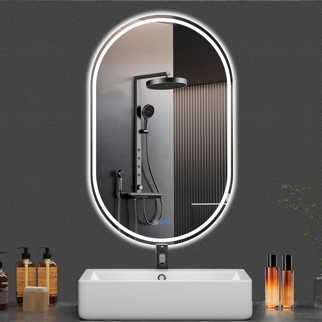 Oval LED Bathroom Mirror, 24"x 48" Frameless LED Mirror with Front Light and Backlit, Anti-Fog, Dimmable Modern Wall Mounted Lighted Mirror, Pill-Shaped Smart Mirror Bathroom