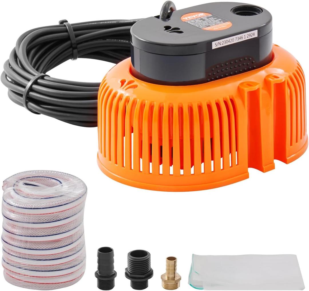 VEVOR Automatic Pool Cover Pump, 1/10 HP 75W 540 GPH, 120V Submersible Swimming Pool Cover Pump, Water Removal Pump with 3 Hose Adapters 16 ft Drainage Hose & 25 ft Power Cord, for Pool Draining