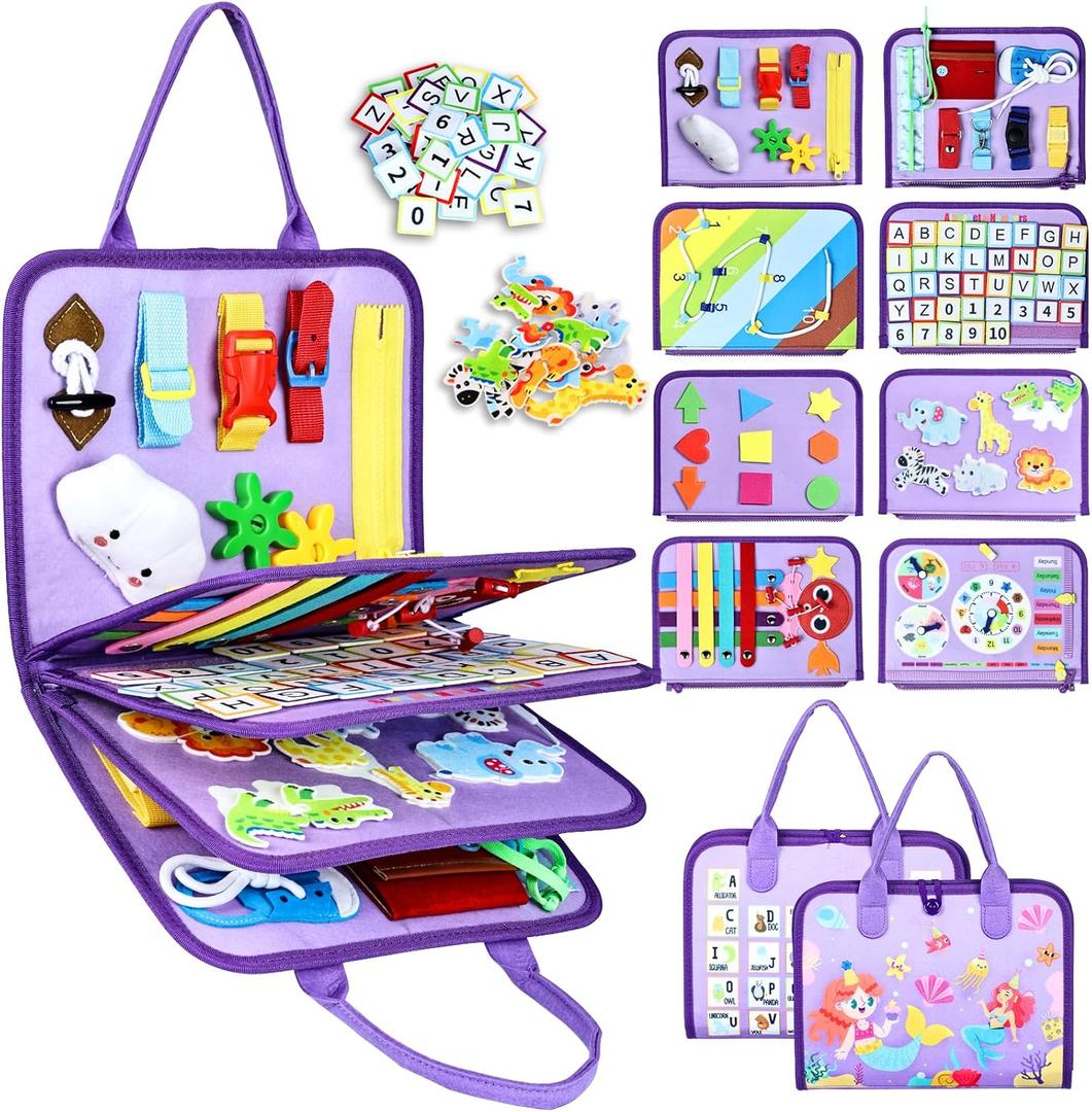 Esjay Toddler Busy Board Montessori Toys for Girls, Sensory Book Educational Activities Learning Fine Motor Skills, Birthday Gifts for Girls Toddlers, Travel Toys for Airplane Car, Purple Merpeople