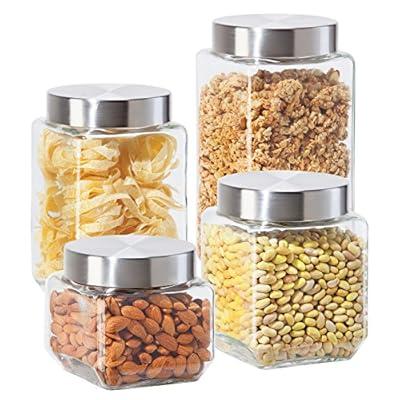 4 Piece Square Glass Canister Set with Stainless Steel Screw-on Lids, Clear