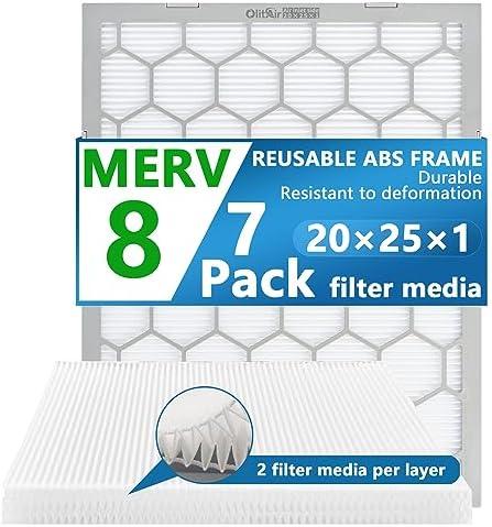OlitAir 20x25x1 MERV 8 Air Filter,AC Furnace Air Filter,Reusable ABS Plastic Frame, 7 Pack Replaceable Filter Media (Actual Size: 19 3/4" x 24 3/4" x 3/4")