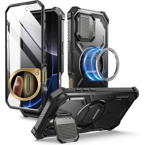 i-Blason Armorbox for iPhone 16 Pro Max Case MagSafe [Camera Control Button Cover] [Camera Cover Stand] [Military Protection] Full-Body Magnetic Phone Case with Built-in Screen Protector, Black