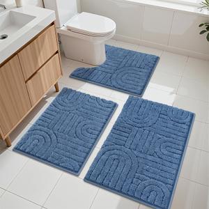 Vaukki Bathroom Rugs Sets 3 Piece, Blue Washable Non Slip Soft Bath Mats for Shower and Tub, Plush Absorbent Microfiber Toilet Rug U Shaped, 32x20+26x18+24x20 Inch