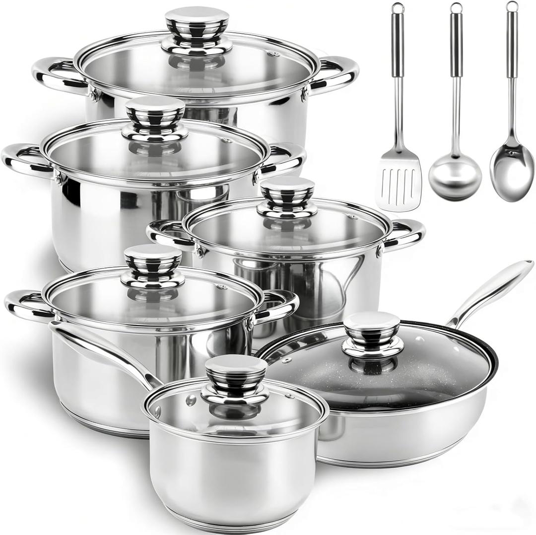 Stainless Steel Cookware Set - 15 Pieces Pots and Pans Nonstick Pot and Pan Set Includes 1 Frying Pans, 5 Pots, 6 Lids and 3 Utensils, with Stay Cooling Handle, Induction & Oven Safe