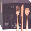 SETUP [300 Count] Disposable Silverware, Rose Gold Combo Cutlery - 100 Forks, 100 Spoons, 100 Knives - Heavy Duty, and Durable Rose Gold Plastic Silverware Set Great for Parties, Events, Everyday use
