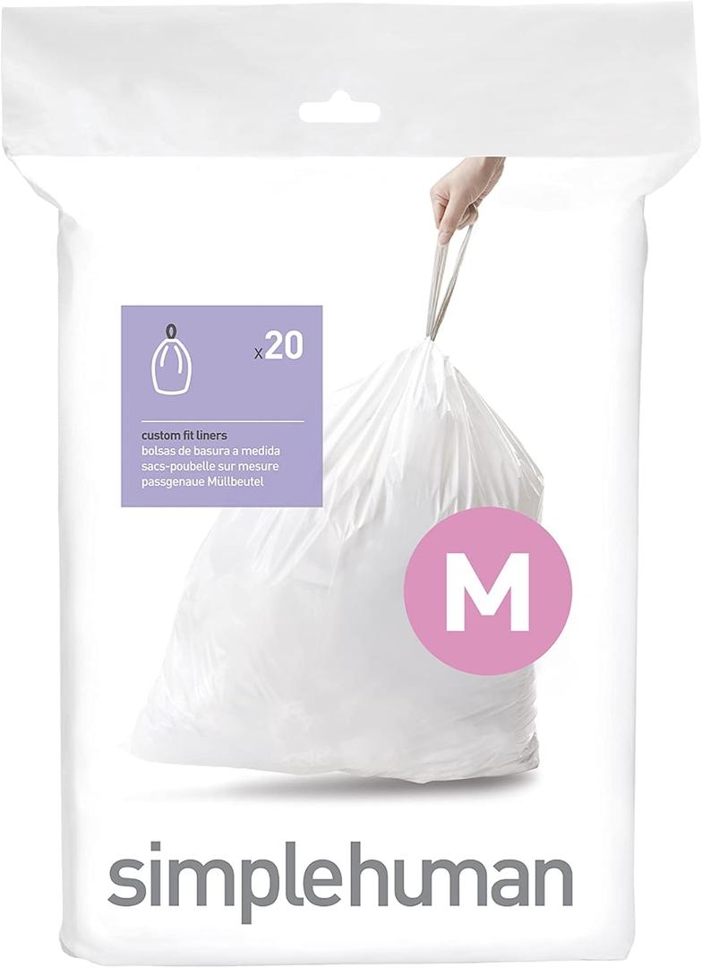 simplehuman Code M Custom Fit Drawstring Trash Bags in Dispenser Packs, 20 Count, 45 Liter / 11.9 Gallon, White, Medium