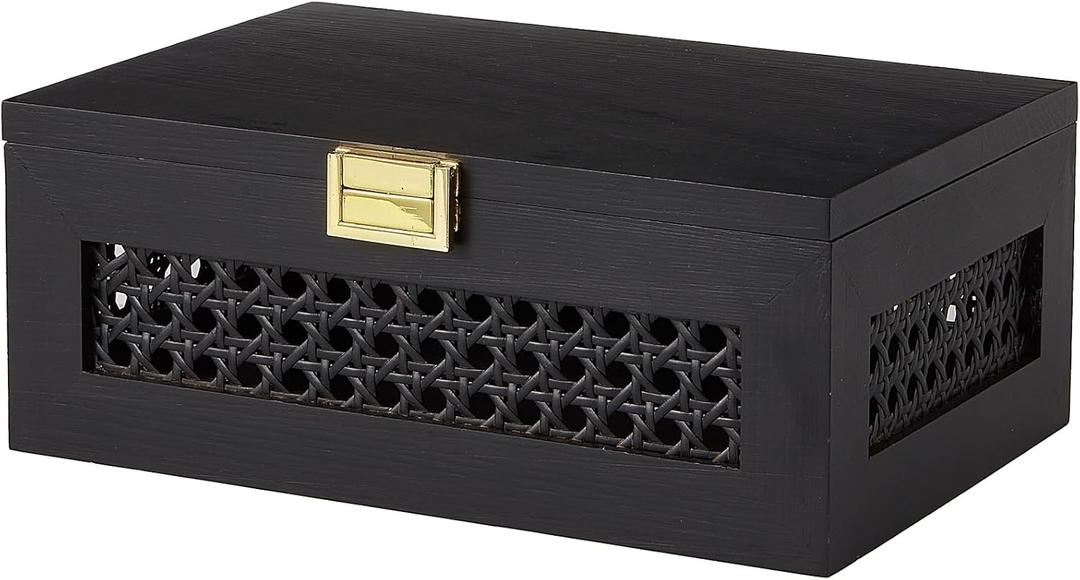 Decorative Rattan Storage Boxes Solid Wood Woven Baskets Bins with Lid Keepsake Memory Jewelry Box Natural Boho Shelf Wicker Closet Desk Organizer Container (Black, Small Size)