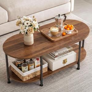 Coffee Table for Living Room, 39" Oval Coffee Table with Storage, 2-Tier Wood and Metal Center Table, Modern Living Room Table with Rounded Edge, Easy Assembly
